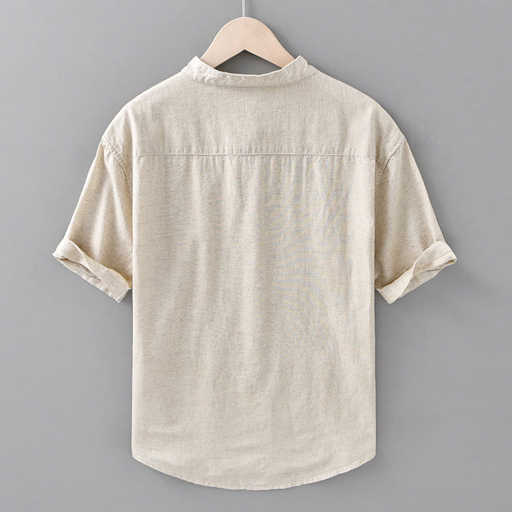 Chemise d'été en coton et lin à manches courtes et demi-boutons pour homme, couleur unie, motif Buddha Stones