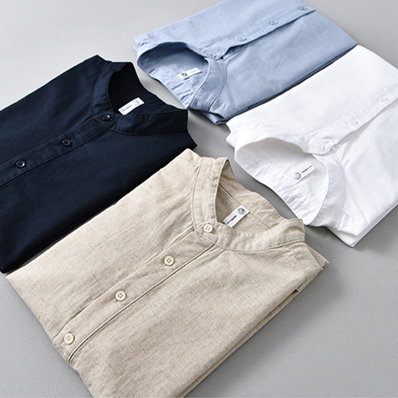 Chemise d'été en coton et lin à manches courtes et demi-boutons pour homme, couleur unie, motif Buddha Stones