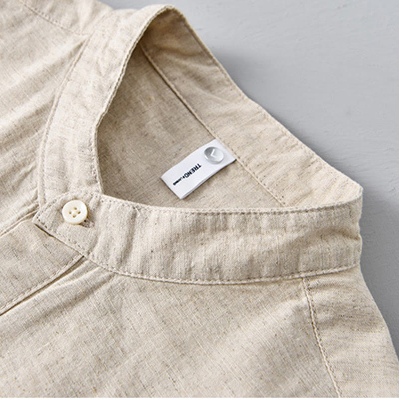 Chemise d'été en coton et lin à manches courtes et demi-boutons pour homme, couleur unie, motif Buddha Stones