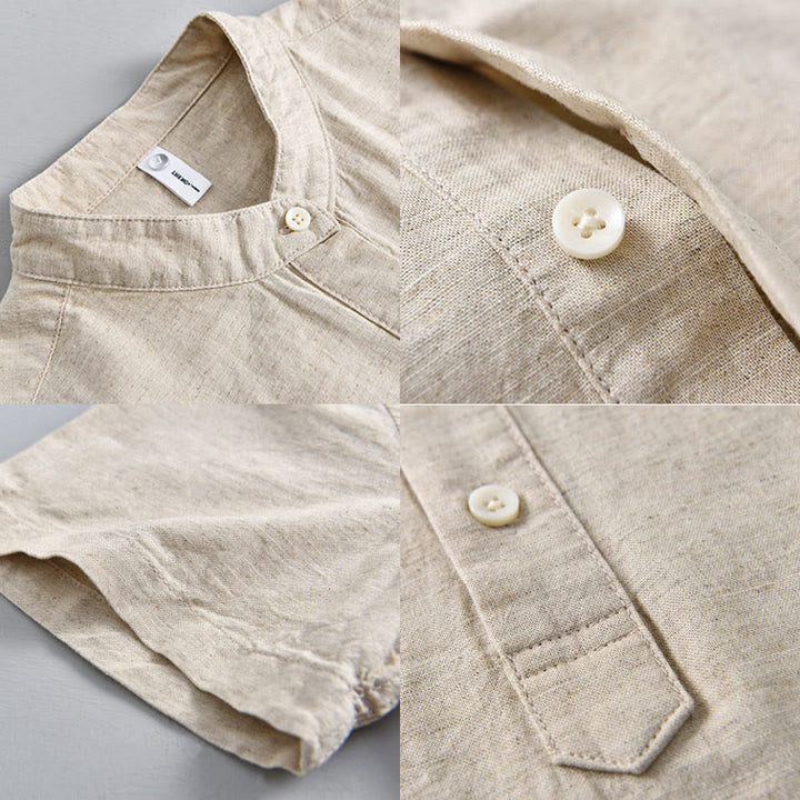 Chemise d'été en coton et lin à manches courtes et demi-boutons pour homme, couleur unie, motif Buddha Stones - image 3