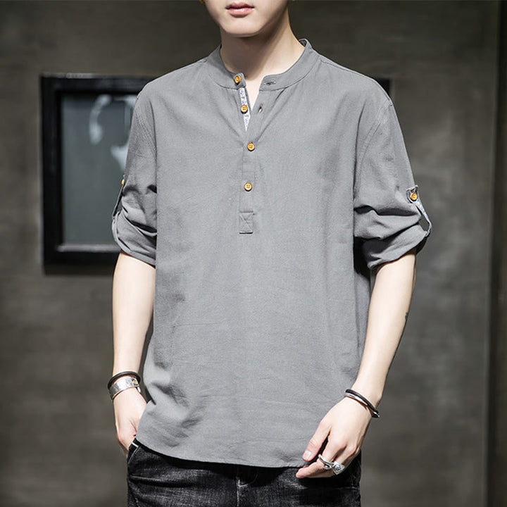Chemise d'été en lin à manches mi-longues et boutons Buddha Stones pour homme