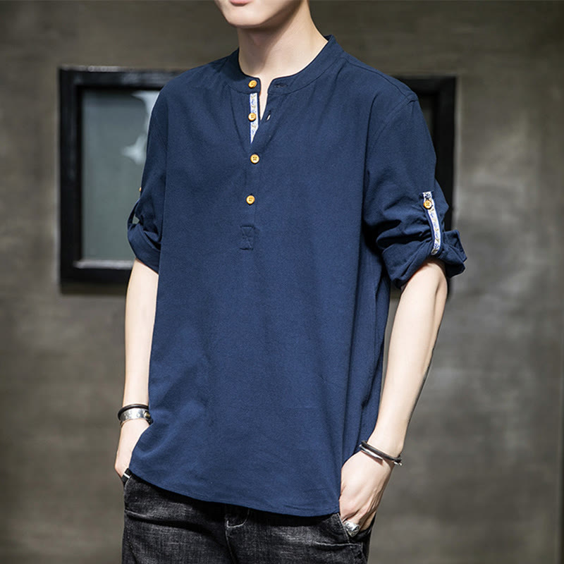 Chemise d'été en lin à manches mi-longues et boutons Buddha Stones pour homme