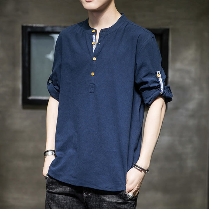 Chemise d'été en lin à manches mi-longues et boutons Buddha Stones pour homme