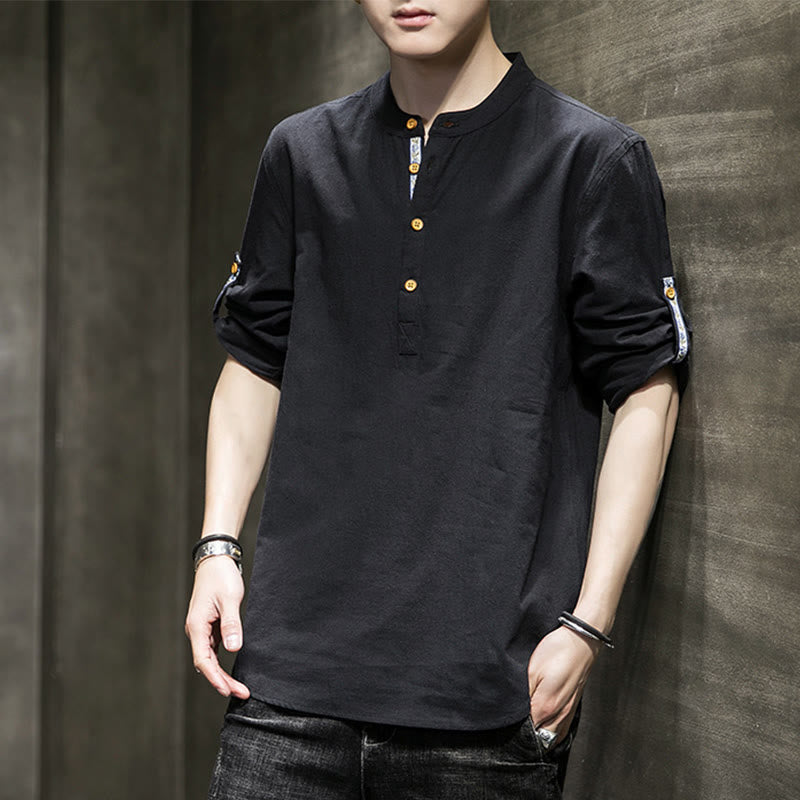 Chemise d'été en lin à manches mi-longues et boutons Buddha Stones pour homme