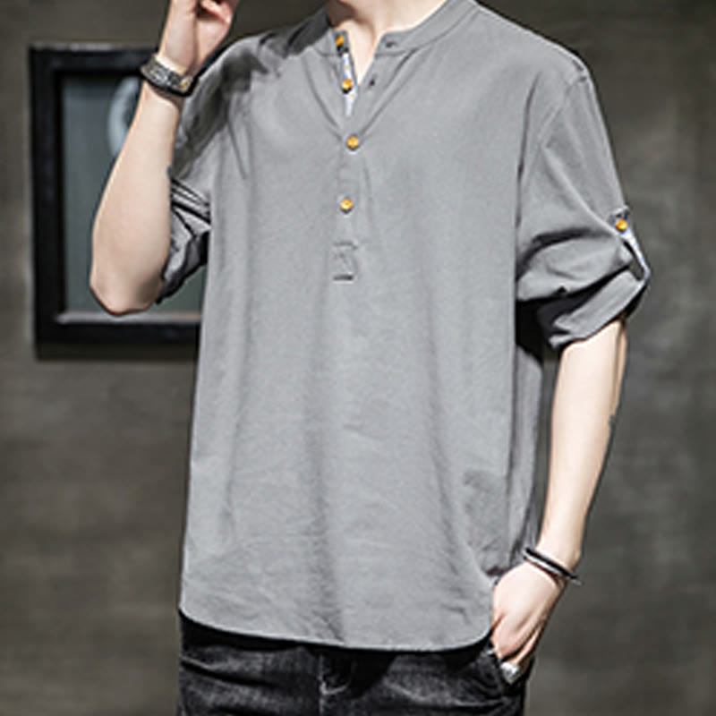 Chemise d'été en lin à manches mi-longues et boutons Buddha Stones pour homme