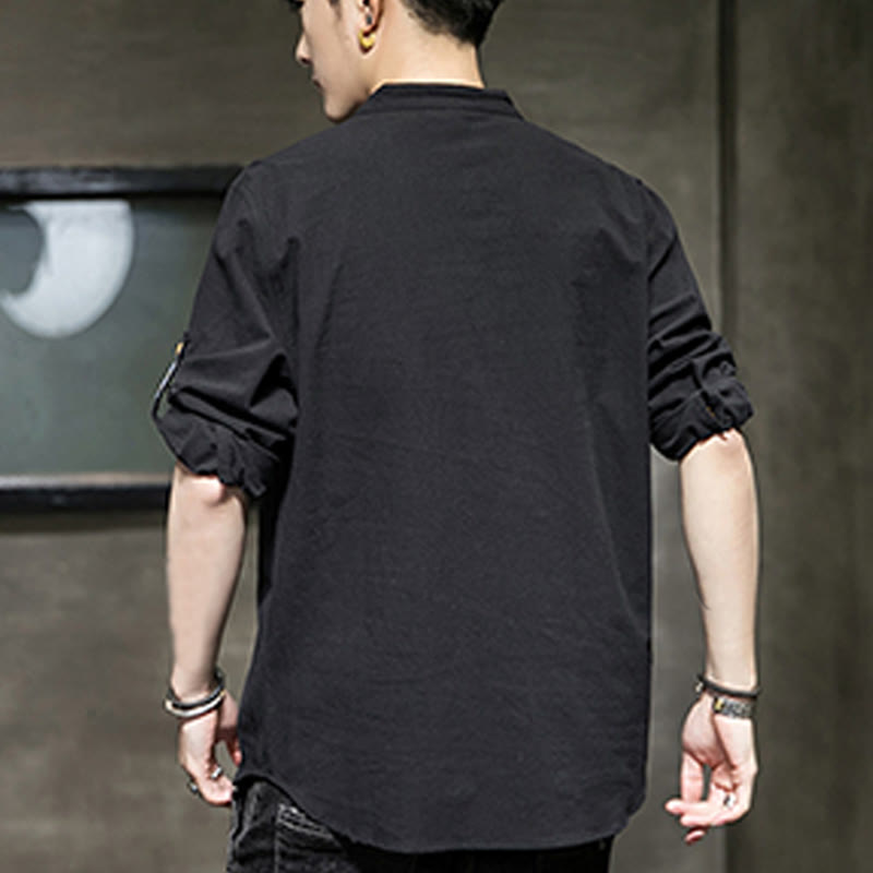 Chemise d'été en lin à manches mi-longues et boutons Buddha Stones pour homme