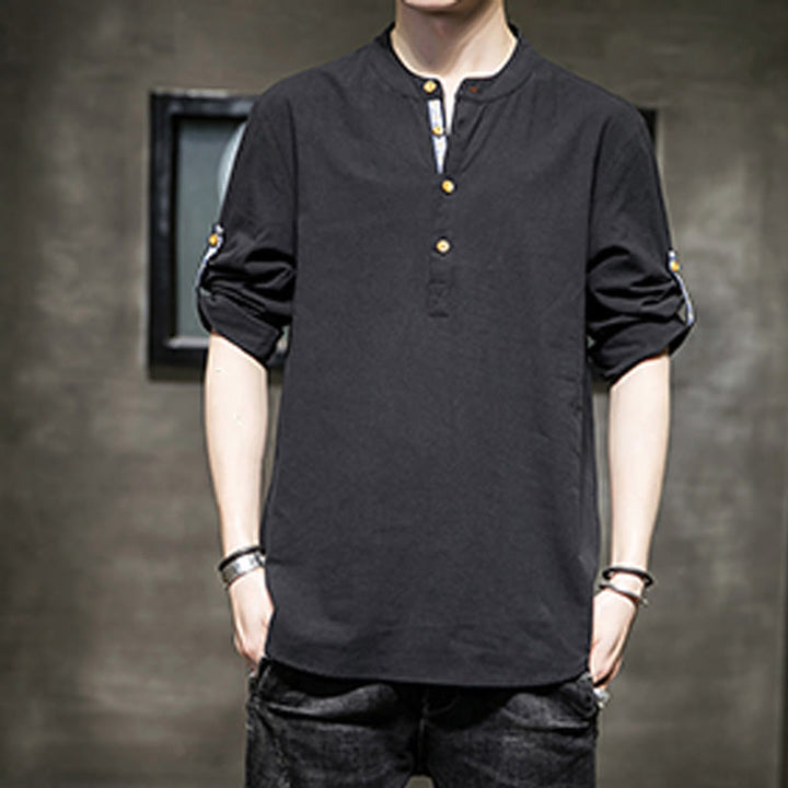 Chemise d'été en lin à manches mi-longues et boutons Buddha Stones pour homme