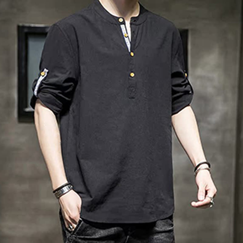 Chemise d'été en lin à manches mi-longues et boutons Buddha Stones pour homme