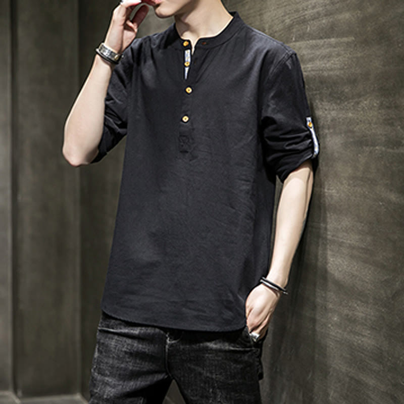 Chemise d'été en lin à manches mi-longues et boutons Buddha Stones pour homme - image 11