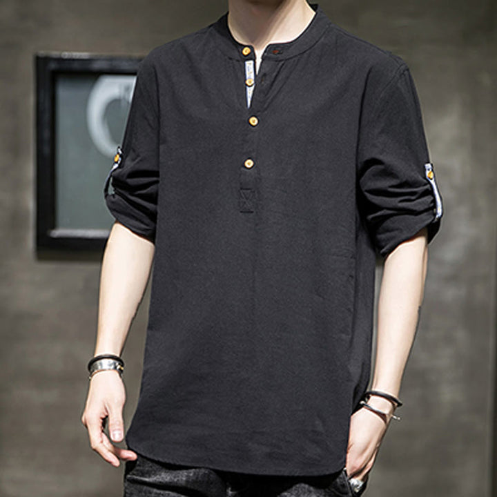 Chemise d'été en lin à manches mi-longues et boutons Buddha Stones pour homme
