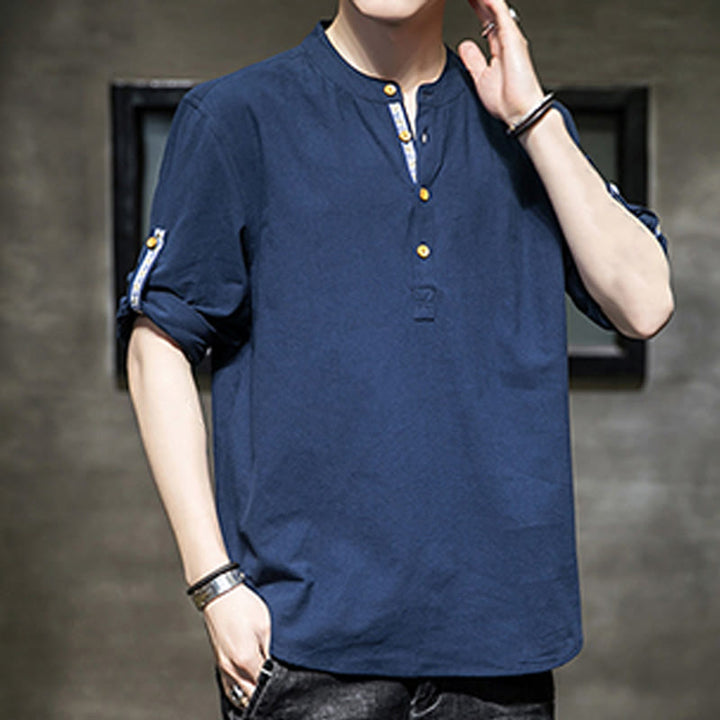 Chemise d'été en lin à manches mi-longues et boutons Buddha Stones pour homme
