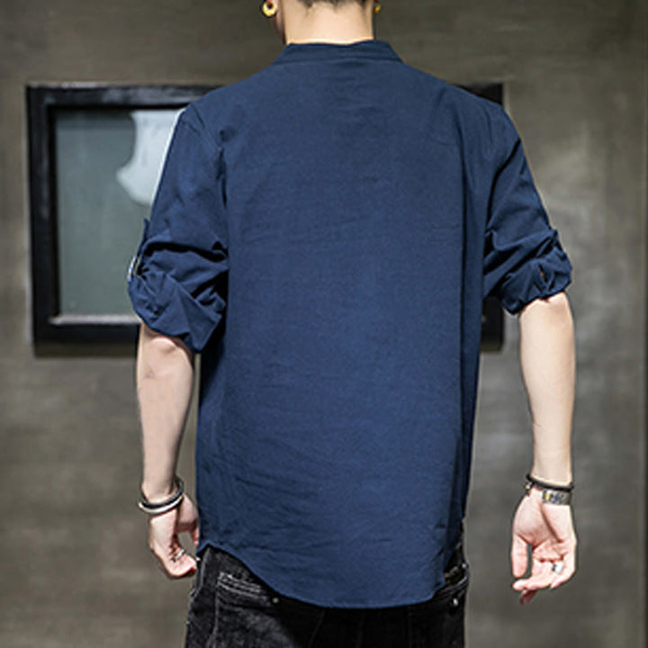 Chemise d'été en lin à manches mi-longues et boutons Buddha Stones pour homme