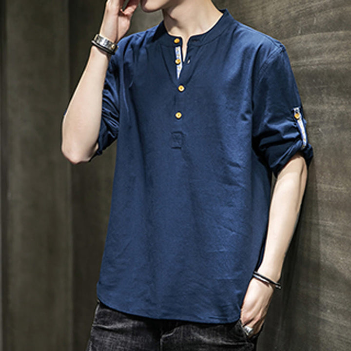 Chemise d'été en lin à manches mi-longues et boutons Buddha Stones pour homme