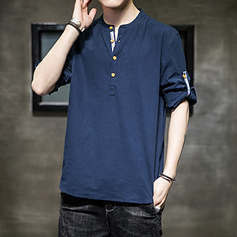 Chemise d'été en lin à manches mi-longues et boutons Buddha Stones pour homme - image 24