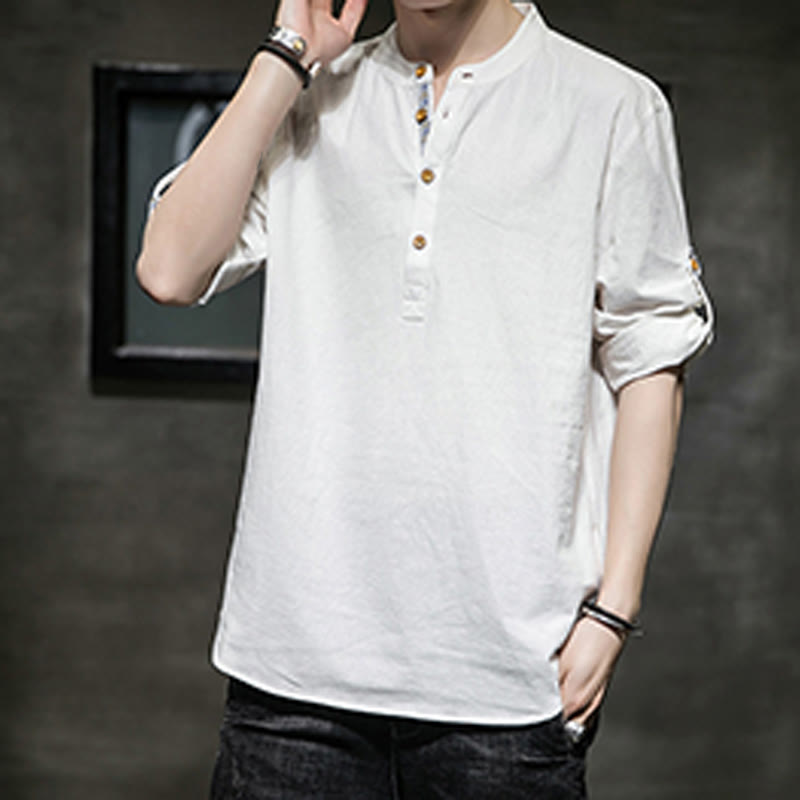 Chemise d'été en lin à manches mi-longues et boutons Buddha Stones pour homme - image 28