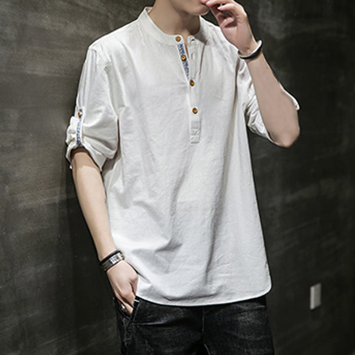 Chemise d'été en lin à manches mi-longues et boutons Buddha Stones pour homme - image 31