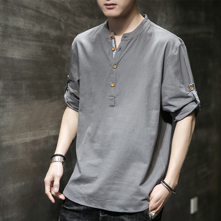 Chemise d'été en lin à manches mi-longues et boutons Buddha Stones pour homme