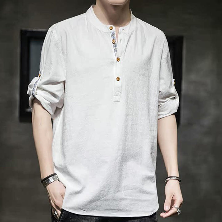 Chemise d'été en lin à manches mi-longues et boutons Buddha Stones pour homme - image 33