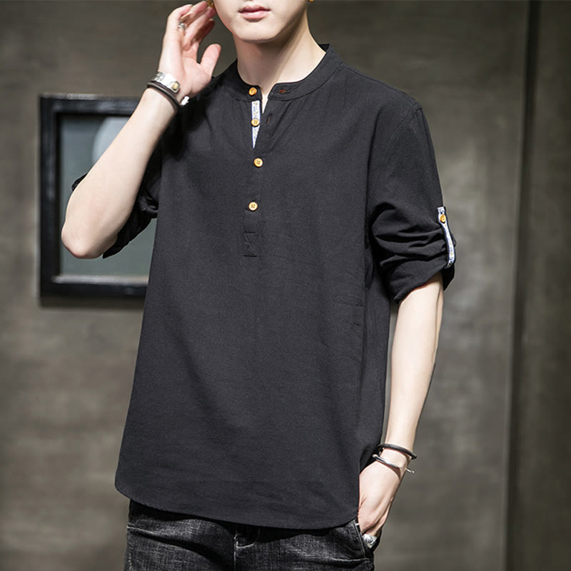 Chemise d'été en lin à manches mi-longues et boutons Buddha Stones pour homme - image 10