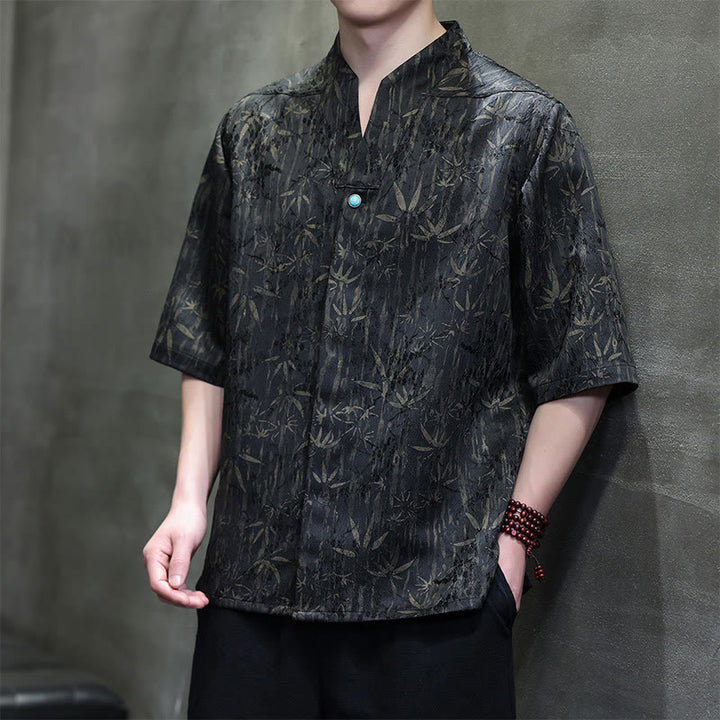 Chemise homme en lin à manches mi-longues et jacquard de bambou doré Buddha Stones Summer - Noir - US/UK/AU46，EU56 (5XL) - image 0