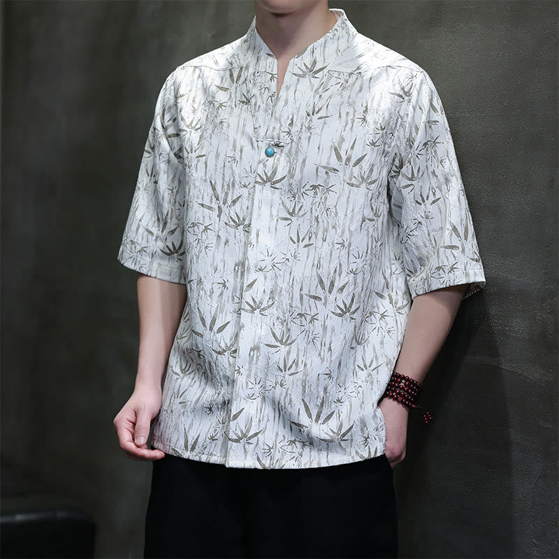 Chemise homme en lin à manches mi-longues et jacquard de bambou doré Buddha Stones Summer - Blanc - US/UK/AU46，EU56 (5XL) - image 8