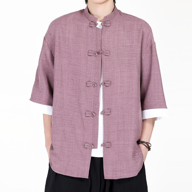 Chemise à manches mi-longues pour homme, motif Buddha Stones, style Tang uni, avec boutons grenouille