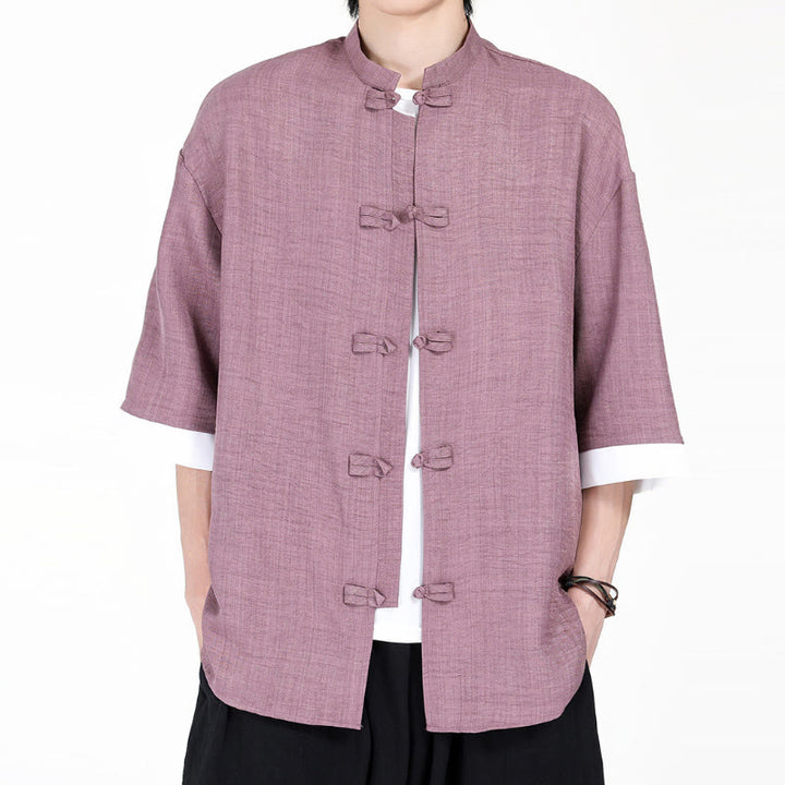 Chemise à manches mi-longues pour homme, motif Buddha Stones, style Tang uni, avec boutons grenouille