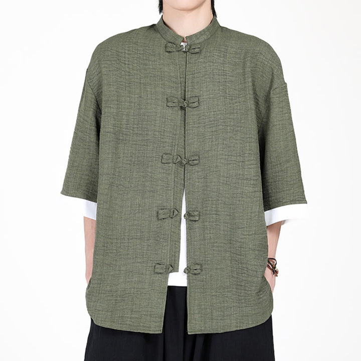 Chemise à manches mi-longues pour homme, motif Buddha Stones, style Tang uni, avec boutons grenouille