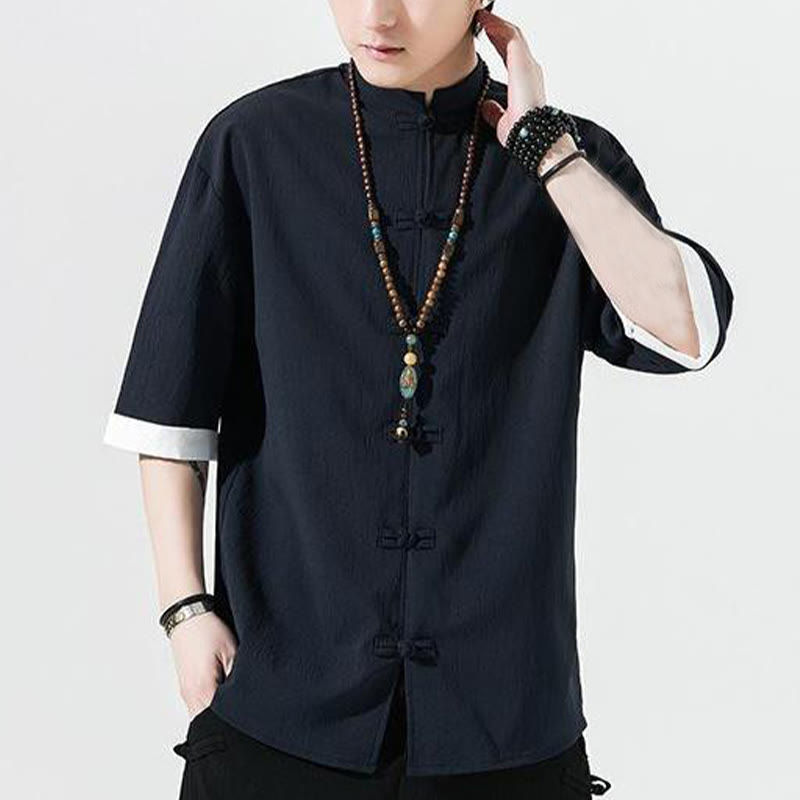 Chemise à manches mi-longues pour homme, motif Buddha Stones, style Tang uni, avec boutons grenouille
