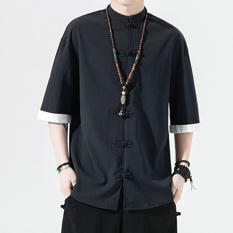 Chemise à manches mi-longues pour homme, motif Buddha Stones, style Tang uni, avec boutons grenouille