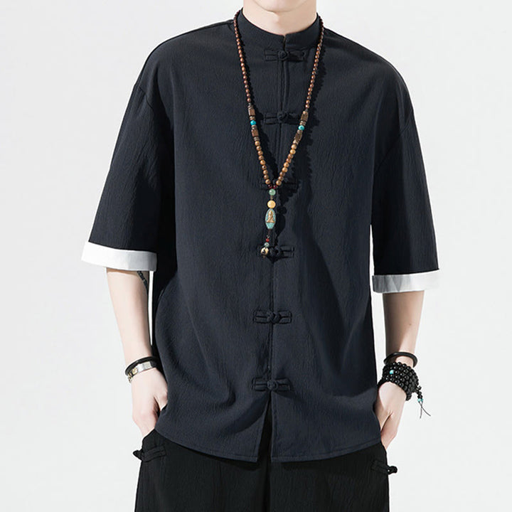 Chemise à manches mi-longues pour homme, motif Buddha Stones, style Tang uni, avec boutons grenouille
