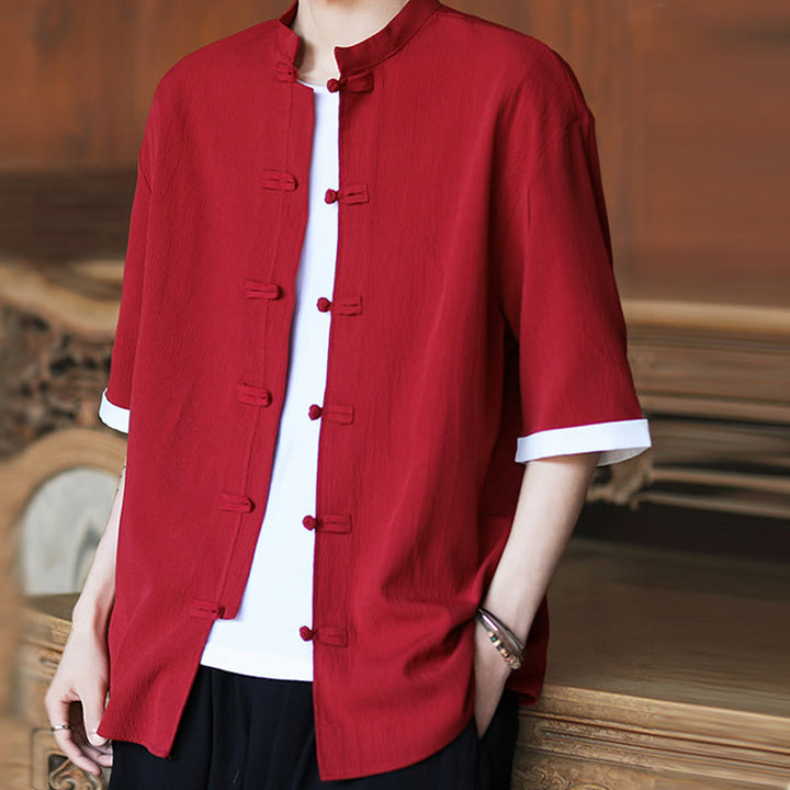Chemise à manches mi-longues pour homme, motif Buddha Stones, style Tang uni, avec boutons grenouille