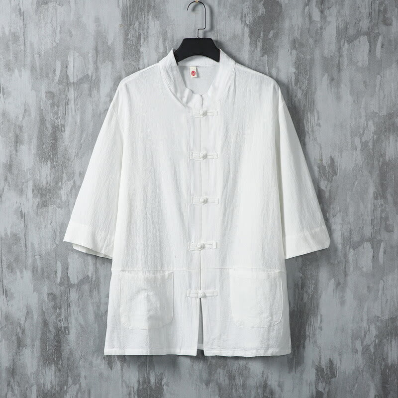 Chemise en lin à manches mi-longues et poches pour homme, motif Buddha Stones , couleur unie, avec boutons grenouille