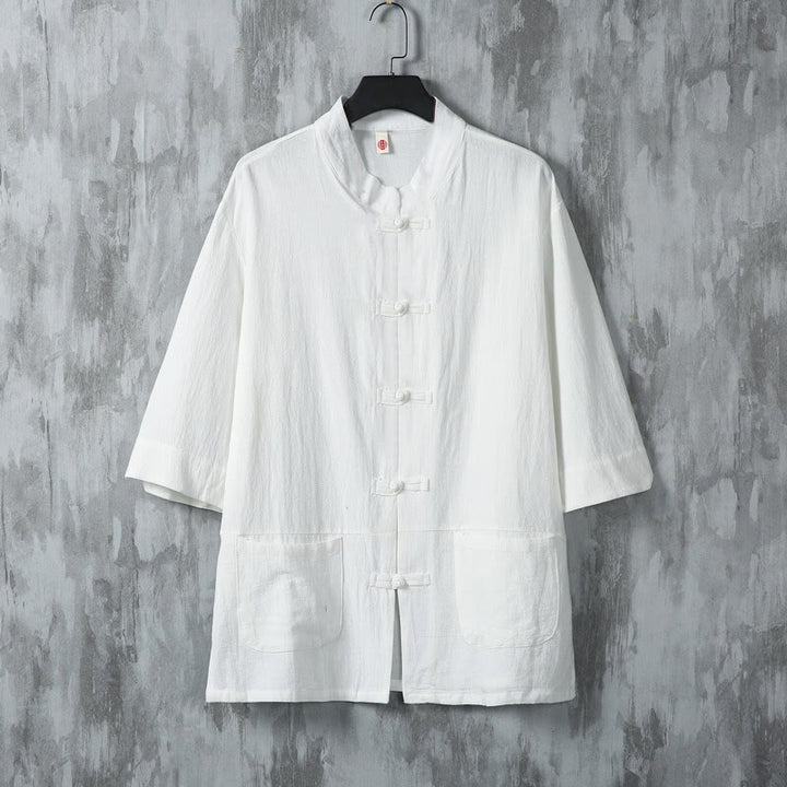 Chemise en lin à manches mi-longues et poches pour homme, motif Buddha Stones , couleur unie, avec boutons grenouille