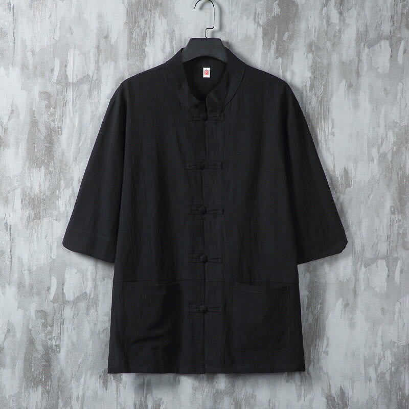 Chemise en lin à manches mi-longues et poches pour homme, motif Buddha Stones , couleur unie, avec boutons grenouille