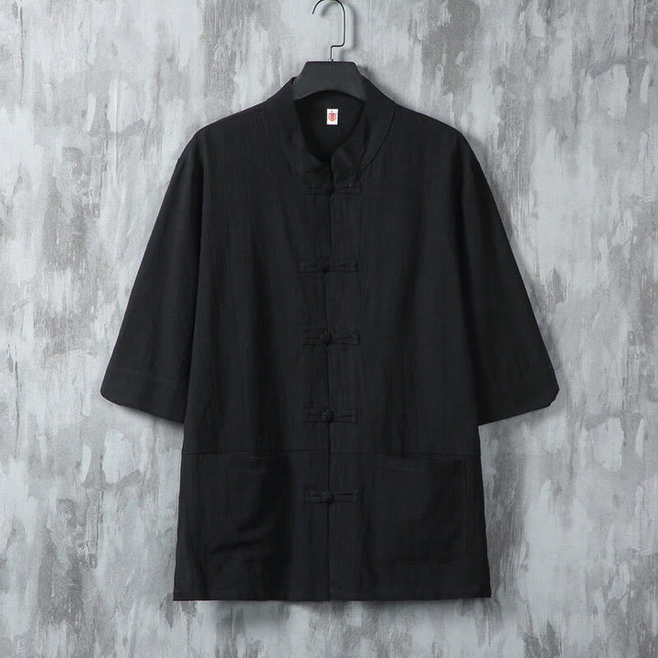 Chemise en lin à manches mi-longues et poches pour homme, motif Buddha Stones , couleur unie, avec boutons grenouille