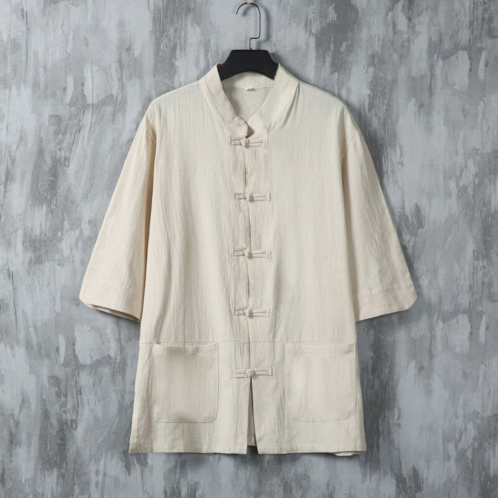 Chemise en lin à manches mi-longues et poches pour homme, motif Buddha Stones , couleur unie, avec boutons grenouille - Lin - US/UK/AU46，EU56 (5XL) - image 0