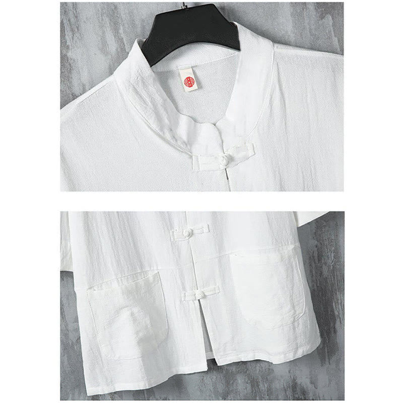 Chemise en lin à manches mi-longues et poches pour homme, motif Buddha Stones , couleur unie, avec boutons grenouille