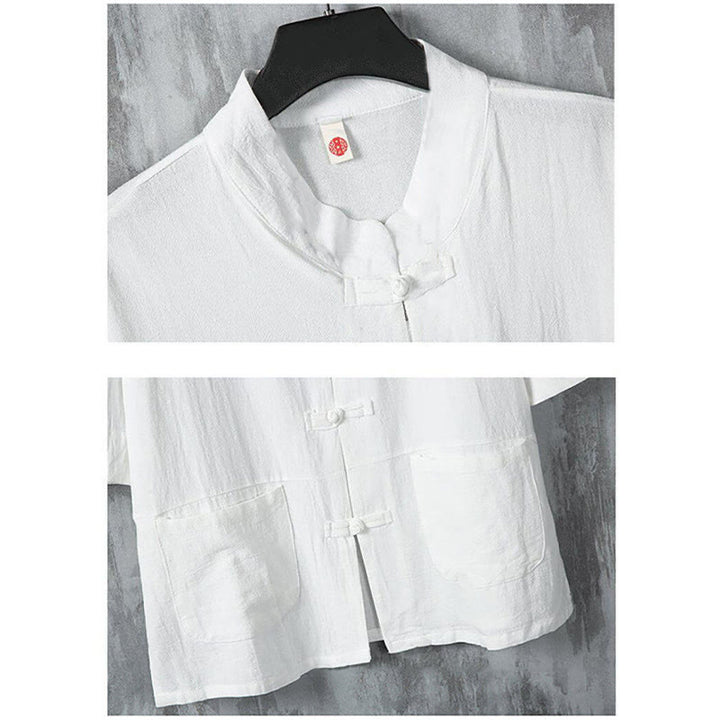 Chemise en lin à manches mi-longues et poches pour homme, motif Buddha Stones , couleur unie, avec boutons grenouille