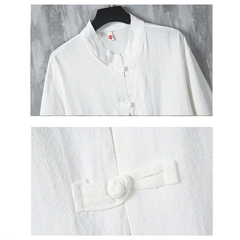 Chemise en lin à manches mi-longues et poches pour homme, motif Buddha Stones , couleur unie, avec boutons grenouille
