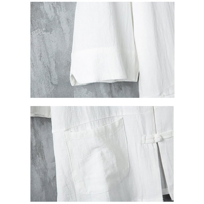 Chemise en lin à manches mi-longues et poches pour homme, motif Buddha Stones , couleur unie, avec boutons grenouille
