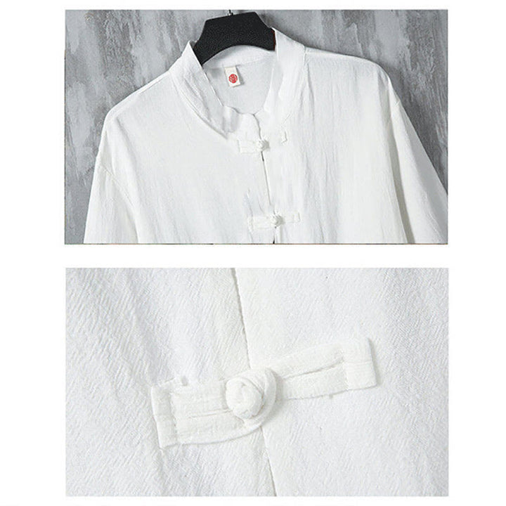 Chemise en lin à manches mi-longues et poches pour homme, motif Buddha Stones , couleur unie, avec boutons grenouille - image 4