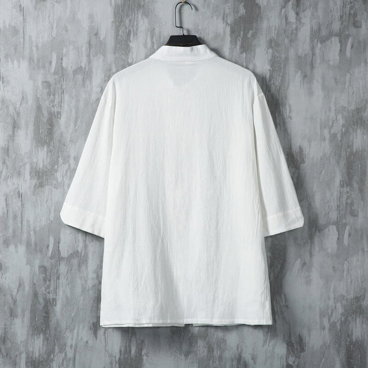 Chemise en lin à manches mi-longues et poches pour homme, motif Buddha Stones , couleur unie, avec boutons grenouille - image 3