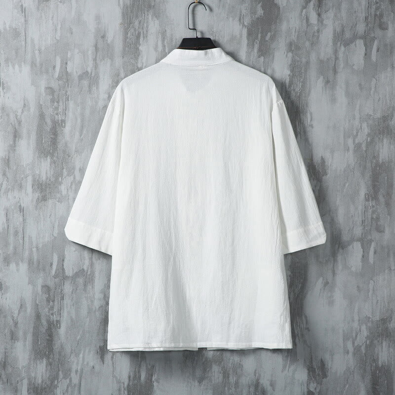 Chemise en lin à manches mi-longues et poches pour homme, motif Buddha Stones , couleur unie, avec boutons grenouille