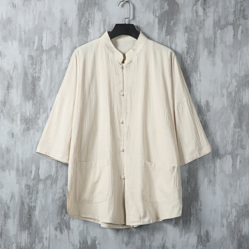 Chemise d'été en lin à manches mi-longues et poches pour homme, motif Buddha Stones , couleur unie - Lin - US/UK/AU46，EU56 (5XL) - image 0