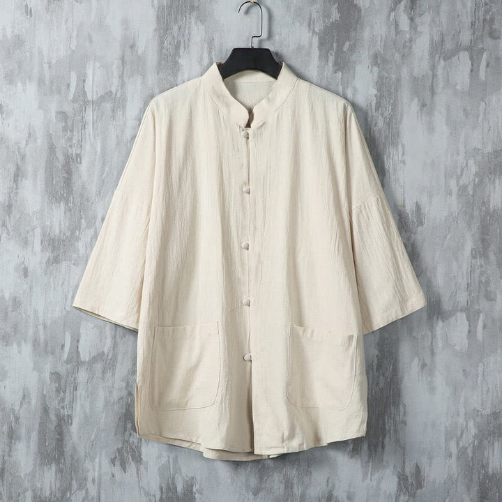Chemise d'été en lin à manches mi-longues et poches pour homme, motif Buddha Stones , couleur unie