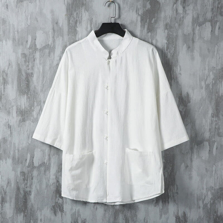 Chemise d'été en lin à manches mi-longues et poches pour homme, motif Buddha Stones , couleur unie - Blanc - US/UK/AU46，EU56 (5XL) - image 2