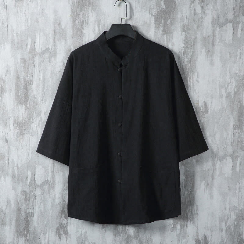 Chemise d'été en lin à manches mi-longues et poches pour homme, motif Buddha Stones , couleur unie - Noir - US/UK/AU46，EU56 (5XL) - image 7