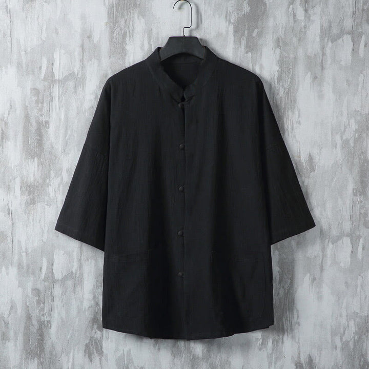 Chemise d'été en lin à manches mi-longues et poches pour homme, motif Buddha Stones , couleur unie - Noir - US/UK/AU46，EU56 (5XL) - image 7