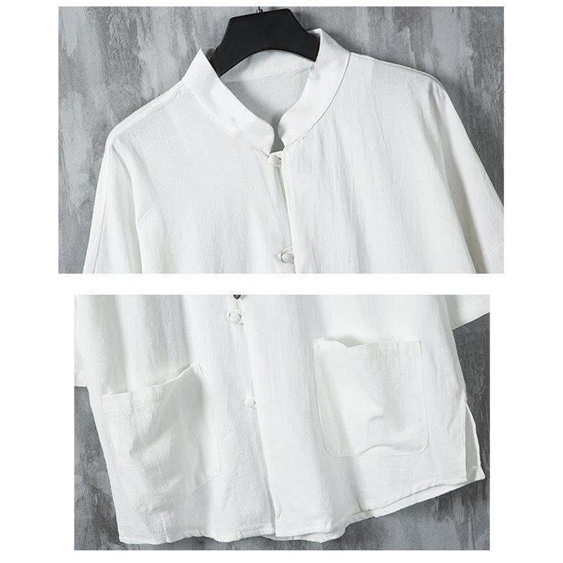 Chemise d'été en lin à manches mi-longues et poches pour homme, motif Buddha Stones , couleur unie